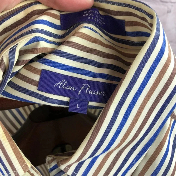 alan flusser brown stripe button down shirt size large - Picture 3 of 5